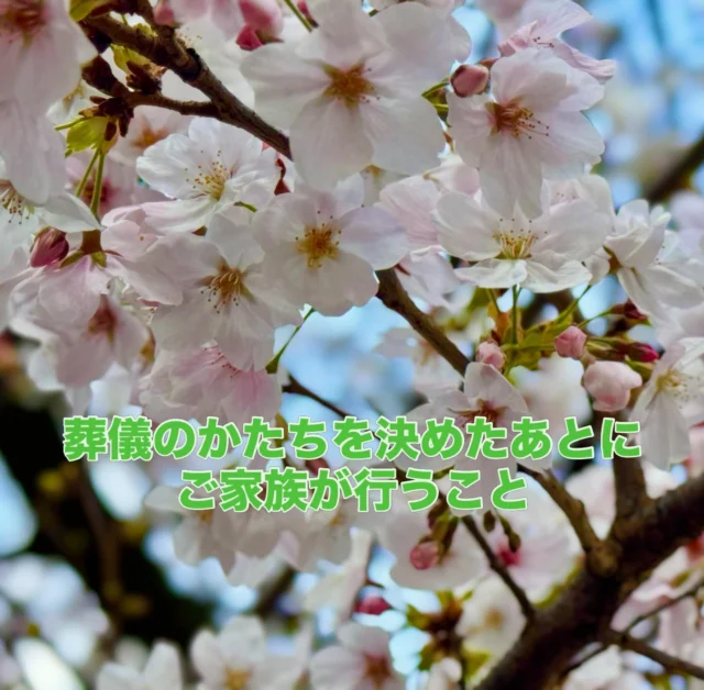 .
.

桜が満開ですね。
皆さんお花見されましたか？
こちらは昨日の武蔵野市役所前の通りの桜のトンネルです。

さて…葬儀のかたちを決めたあとに
ご家族が行うこと
ここからがいちばん大切な時間でもあります。

ご安置の場所が自宅の場合
お会いに来られる方への対応。

お写真のご準備。（ご遺影用）
1番、その方らしいお写真を見つかるのがよいのですが
もし写真がない場合
若い頃の写真でも良いと思います。
もちろんデータでも問題ありません。
データを送っていただく際は
メールでそのままのサイズで送ってください。
引き伸ばす際荒くなってしまいます。

お棺に入れるお品物を考える。
例えば好きだった食べ物、写真、お気に入りのお洋服、お手紙
など…。

そして何より
「どんなお別れにしたいか」を
少しずつ形にしていきます。
メモリアルコーナーをお作りする場合
その写真を探す…式の前後に好きだった歌を流したい。
など。
故人様の生い立ちから終生までのエピソードを司会者に話してもらいたい場合もご相談ください。

慌ただしい中でも
故人様らしさや、ご家族のお気持ちを
大切にしながら進めていくことが
後悔のないお見送りにつながります。

わからないことがあって当然ですので
一つひとつ、一緒に確認させていただきます。
ご希望がありましたらご相談ください。